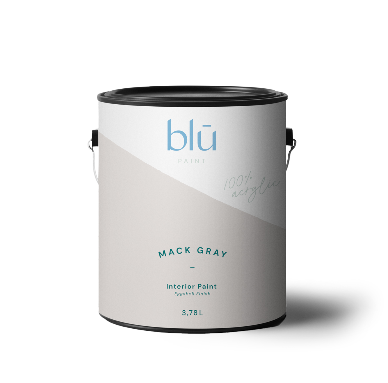Blū Paint Mack Gray interior paint can with eggshell finish 3.78 liters on black background