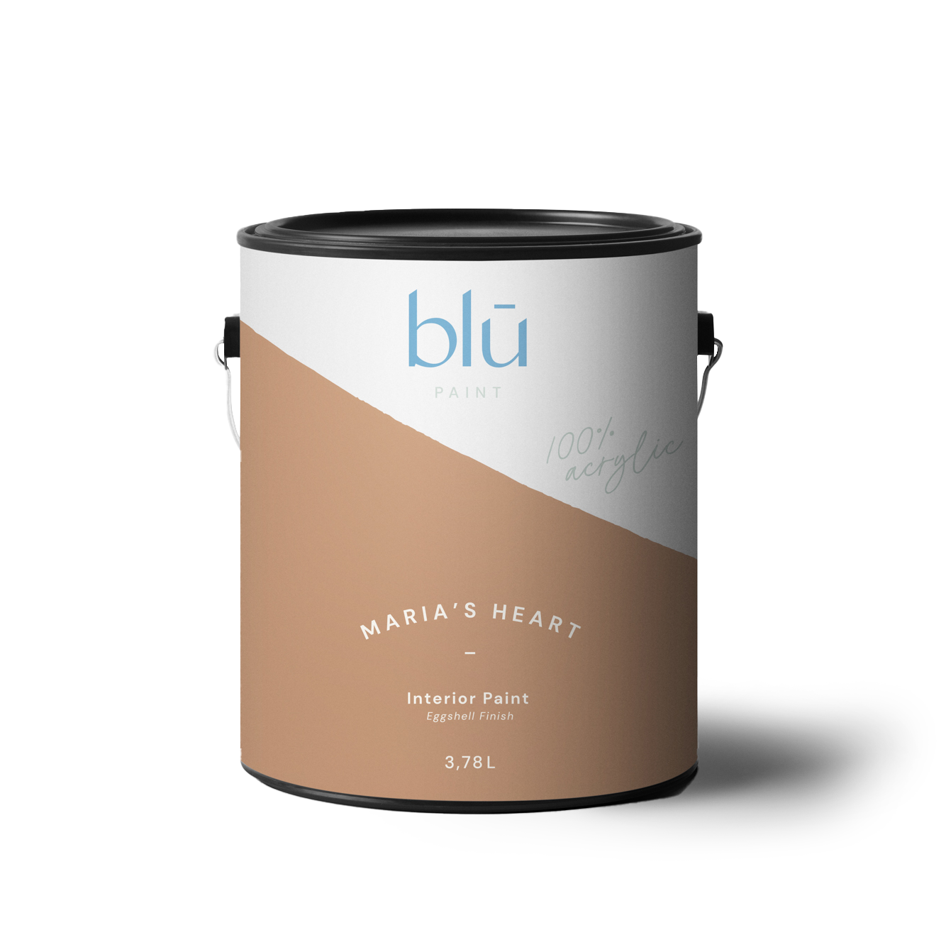 Marias Heart interior paint in a 3.78 L beige tan Blu Paint can showing label and metal handle