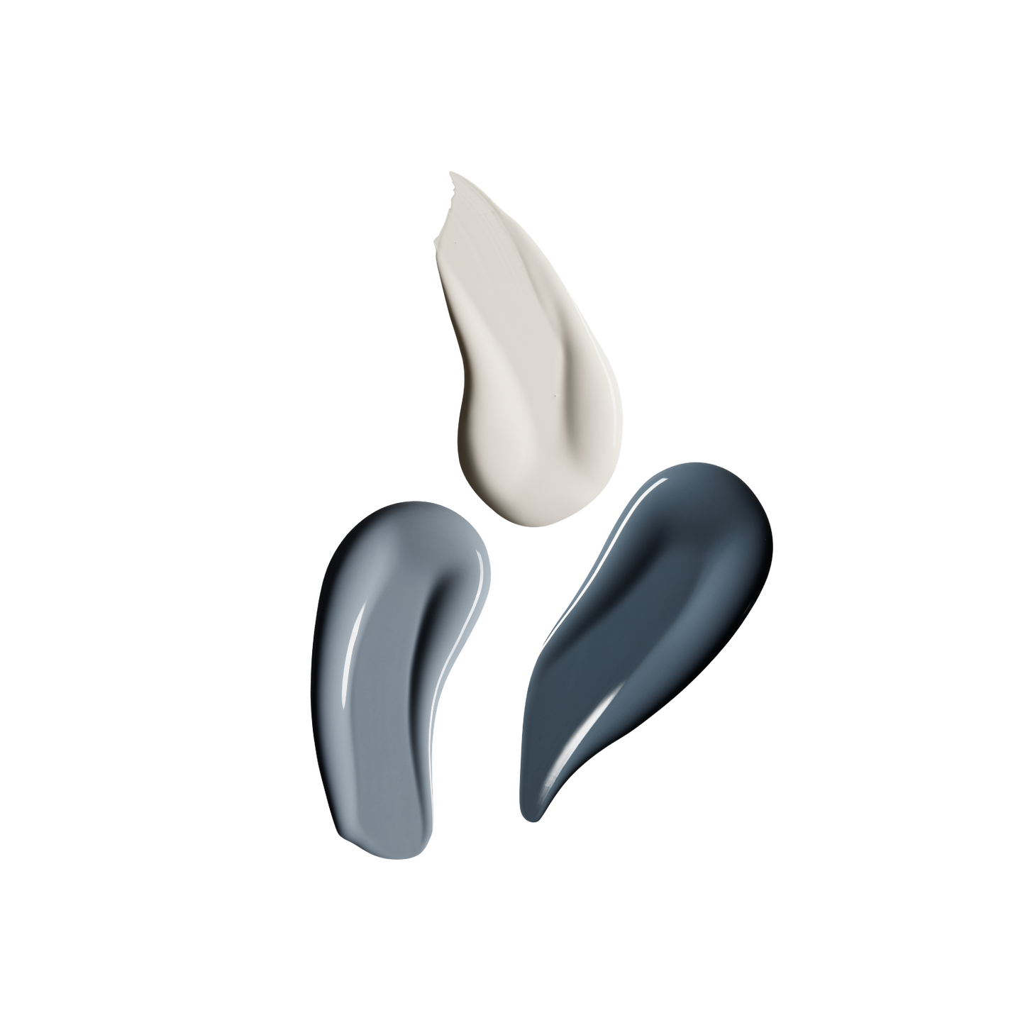 Three glossy paint swatches cream and two blue gray shades on black background Bestsellers Sample Pack