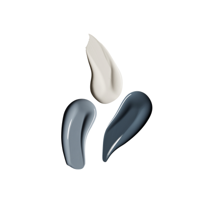 Three glossy paint swatches cream and two blue gray shades on black background Bestsellers Sample Pack