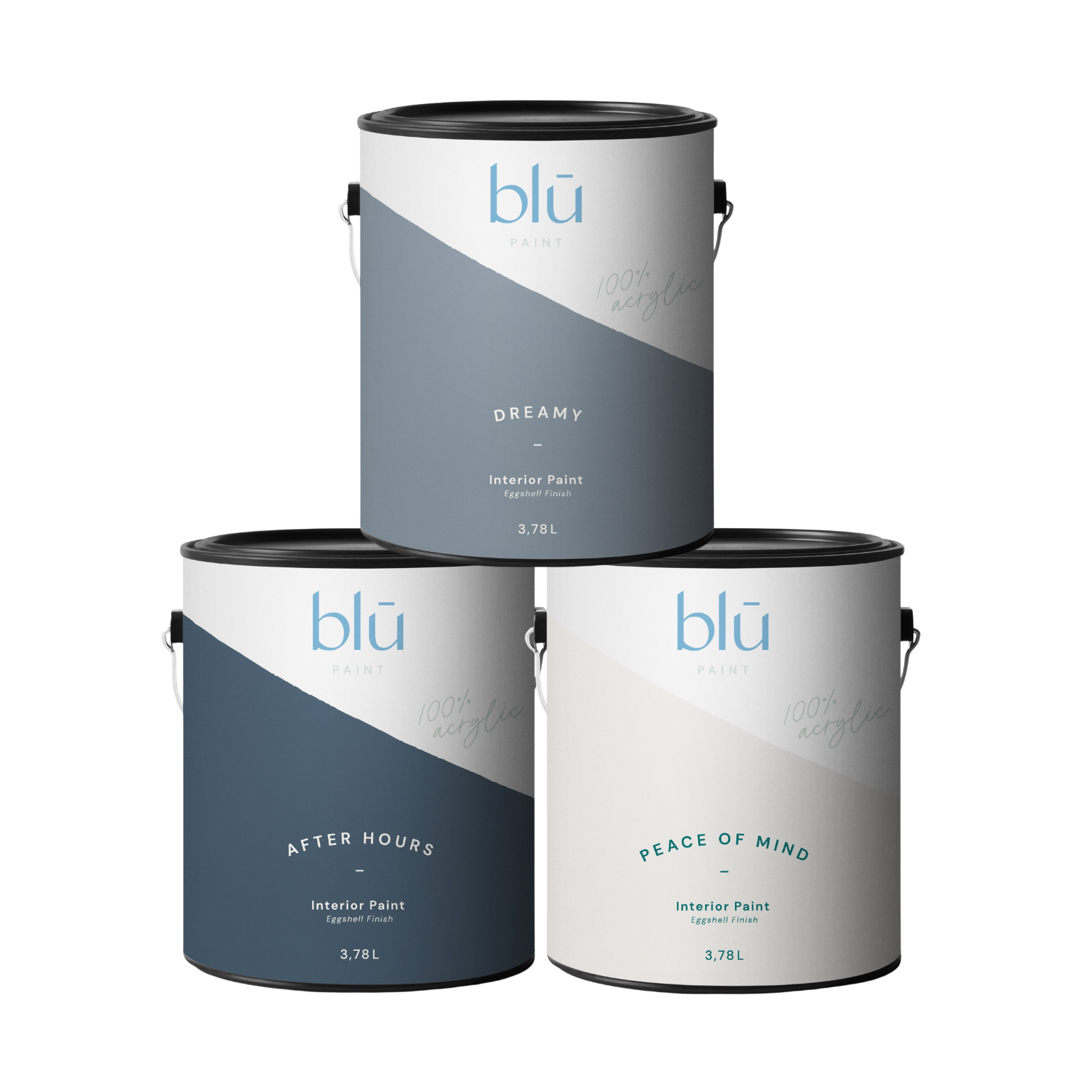 Three Blu Paint cans Bestsellers Sample Pack showing Dreamy After Hours and Peace of Mind colors
