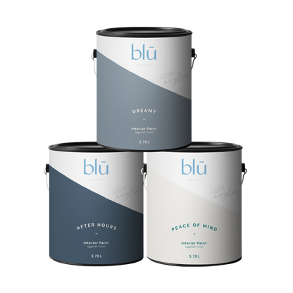 Three Blu Paint cans Bestsellers Sample Pack showing Dreamy After Hours and Peace of Mind colors