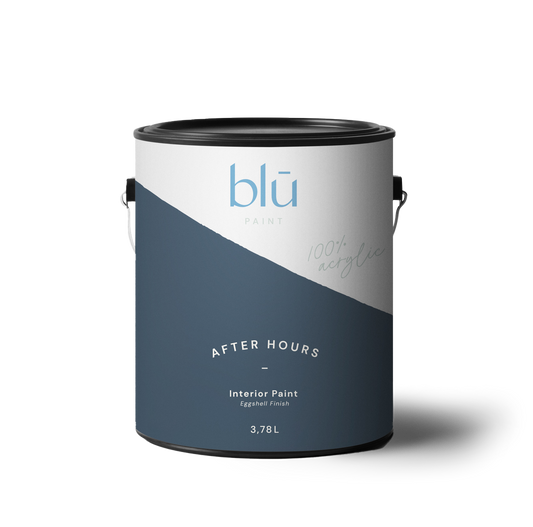 Blu Paint can of After Hours interior paint dark blue with eggshell finish in 3.78 liter size