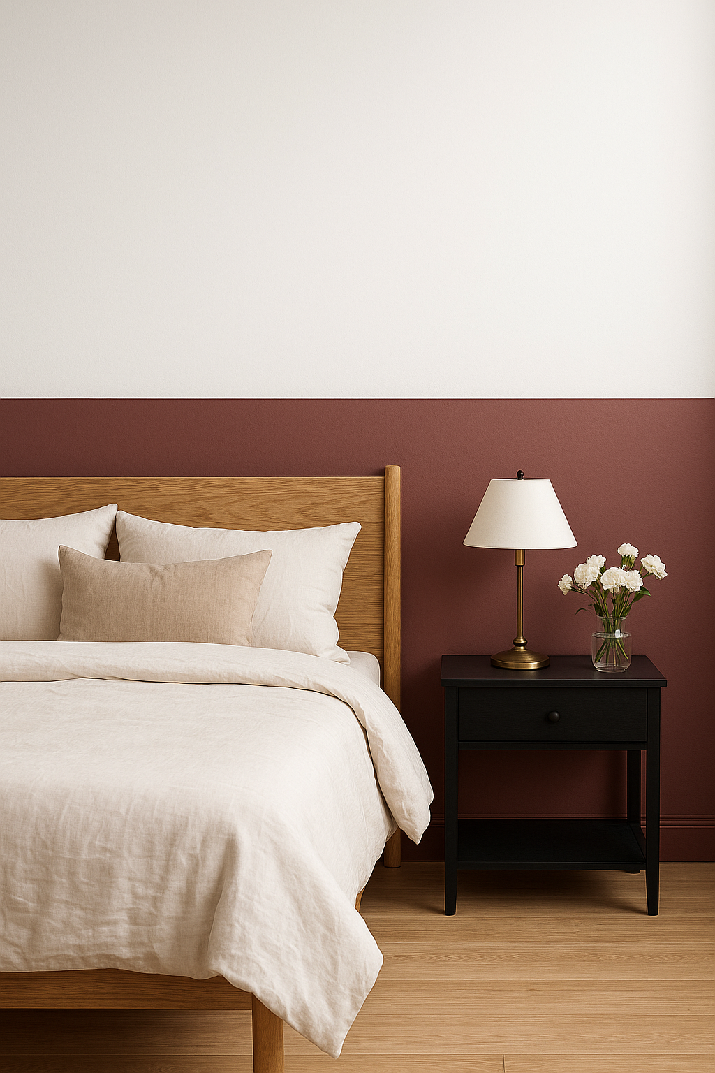 Cozy bedroom with beige bedding and brown accent wall painted with Bold Era interior paint by Blu Paint