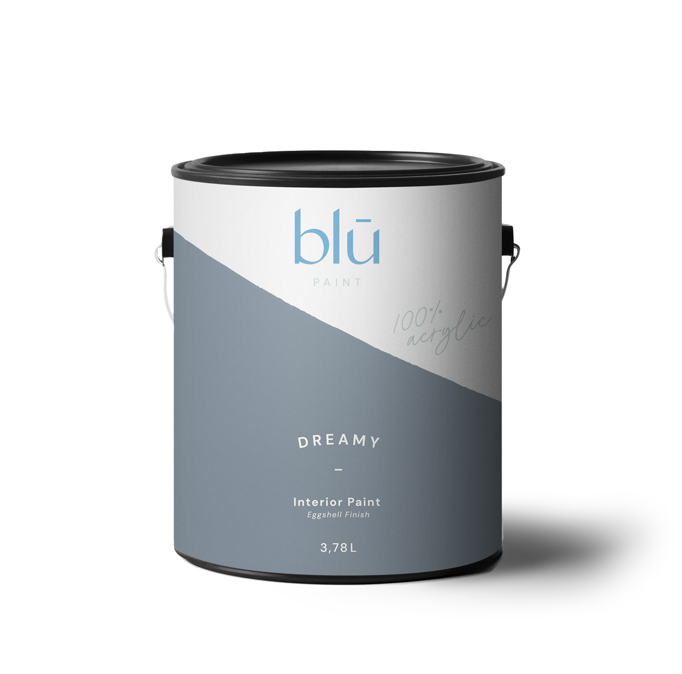 Blū Paint can of dreamy interior paint with eggshell finish in muted gray blue shade