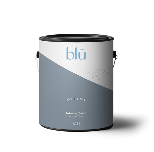 Blū Paint can of dreamy interior paint with eggshell finish in muted gray blue shade
