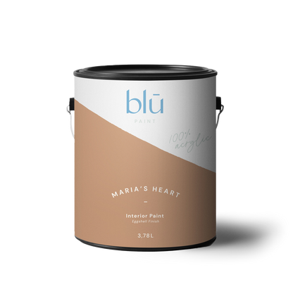 Marias Heart interior paint in a 3.78 L beige tan Blu Paint can showing label and metal handle