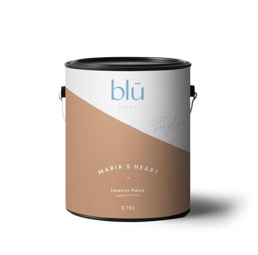 Marias Heart interior paint in a 3.78 L beige tan Blu Paint can showing label and metal handle