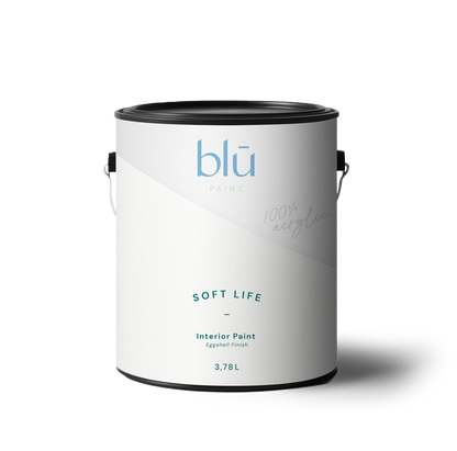 Blu Paint can of soft neutral interior paint with eggshell finish for home walls