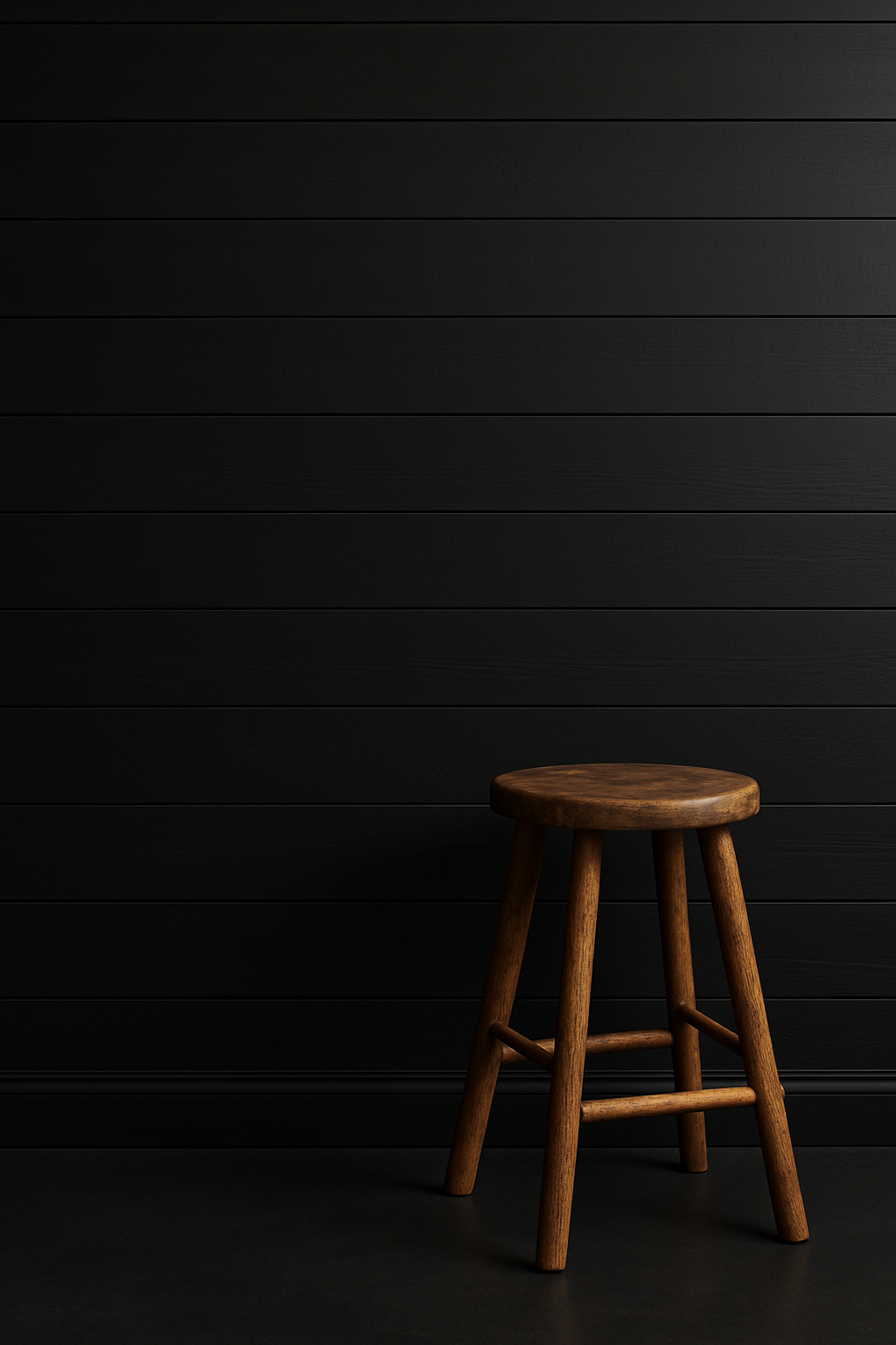 Wooden stool against black wall painted with Kate interior paint by Blu Paint